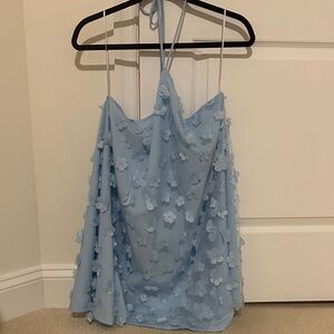 Blue Halter Dress with Floral Appliqué